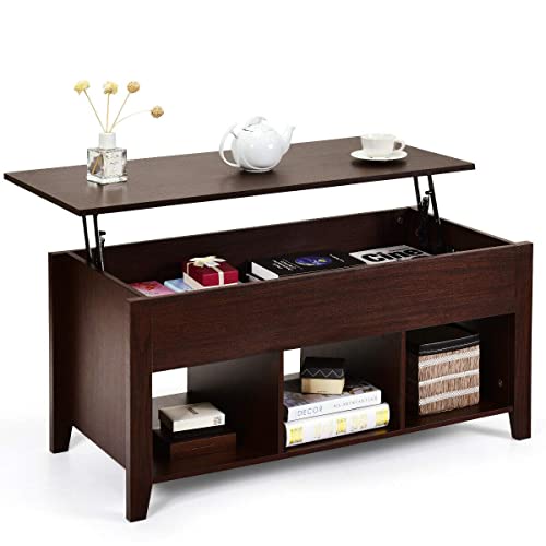 Tangkula Lift Top Coffee Table, with Hidden Storage Compartment and Shelf for Home Living Room, Accent Home Furniture, Wooden Lift Tabletop Storage Coffee Table (Espresso)