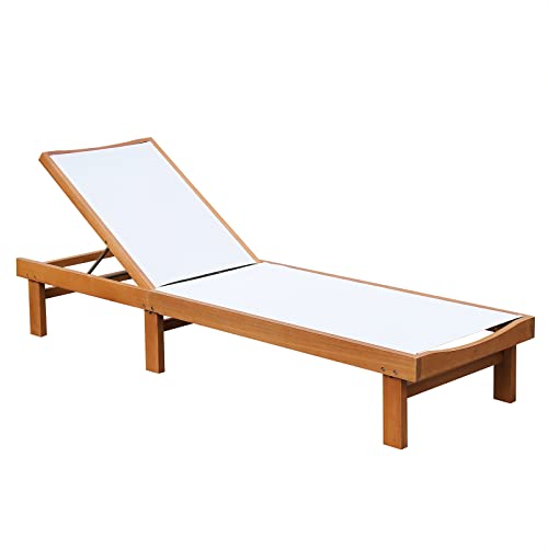 Tangkula Outdoor Wood Chaise Lounge Chair, Patio Chaise Lounger with 5-Postion Adjustable Back, Eucalyptus Wood Reclining Lounge Chair with Breathable Fabric for Poolside Lawn Backyard (1, White)