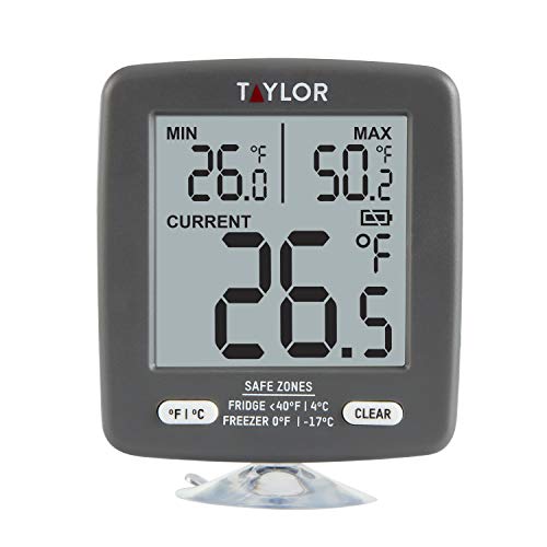 Taylor LCD Display Digital Kitchen Refrigerator/Freezer Kitchen Thermometer Min/Max on Display, 2 inch display, Gray