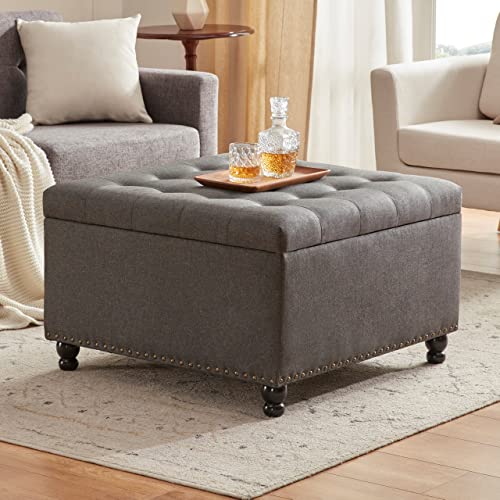 Tufted Storage Ottoman Coffee Table, Large Square Bench, Dark Grey