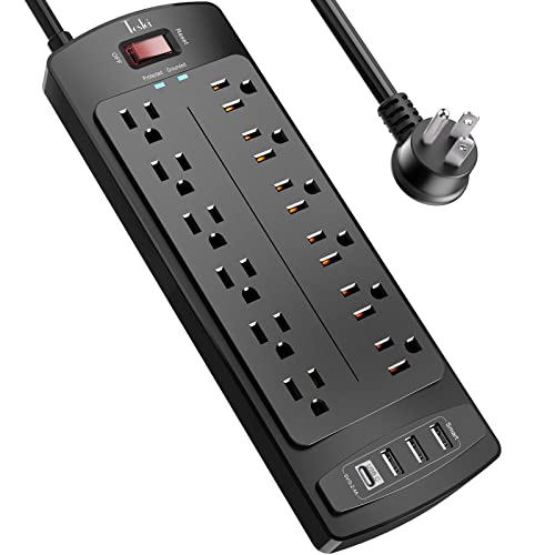 Tcstei Power Strip with 12 Outlets and 4 USB Ports