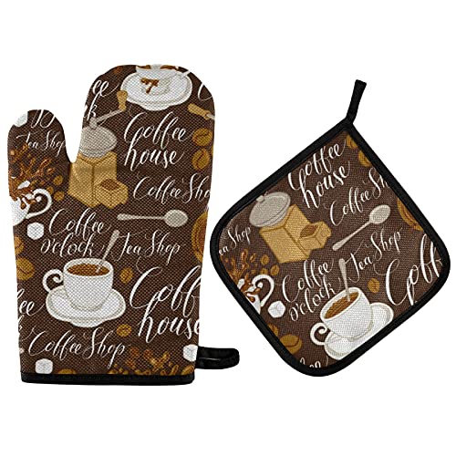 Tea Coffee Oven Mitts and Pot Holders Set