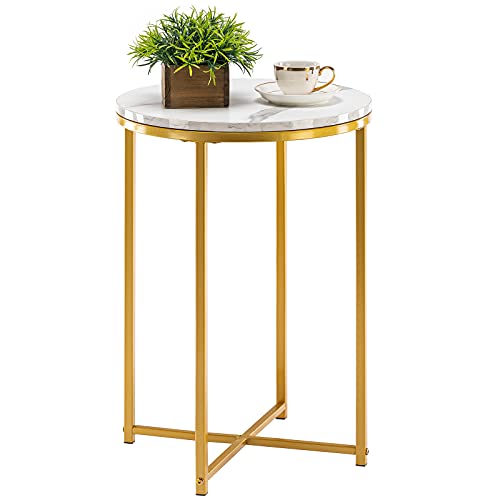 TECHMILLY Round End Table, Faux Marble Sofa Table, Accent Side Table with Metal Frame, Modern Gold Nightstand, Tall Coffee Table for Living Room, Bedroom