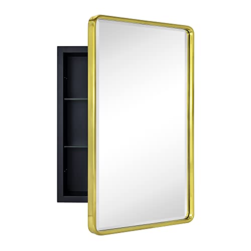 Fundin Plastic Medicine Cabinet, Beveled Edge Mirror Door with Round Corner Metal Frame, Recessed and Surface Mount, Golden,16 x 24 inch, Size: 16 W x