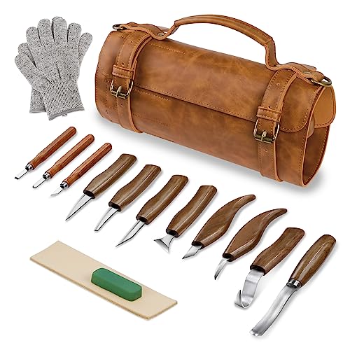 Tekchic Wood Carving Kit Deluxe-Whittling Knife, Wood Carving Knife Set, Wood Whittling Kit for Beginners, Carving Knife Woodworking Wood Carving Tools Set with Large Leather Case