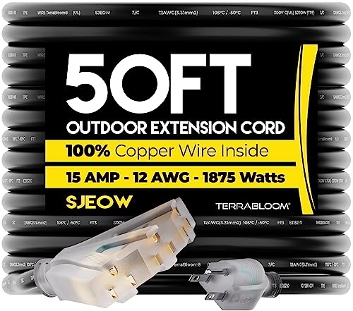 TerraBloom Heavy Duty Outdoor Extension Cord 50 FT - Ultra-Flexible SJEOW Rubber, Triple Outlet