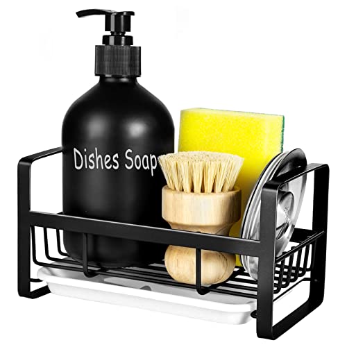 TEZZ Stainless Steel Sponge, Brush & Soap Caddy, Kitchen Sink Organizer, Black