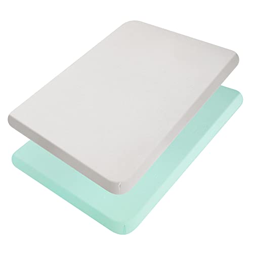 TILLYOU Mini Crib Fitted Sheets - Soft Jersey Knit - Light Green & Gray