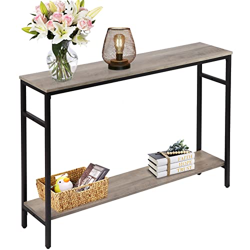 Timberer Narrow Console Table, 47 Inch Sofa Table with Adjustable Shelf, 2-Tier Long Skinny Table for Hallway, Entryway, Living Room, Foyer, Grey