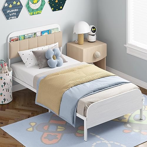 Timy Kids Twin Bed Frame with Bookcase Headboard