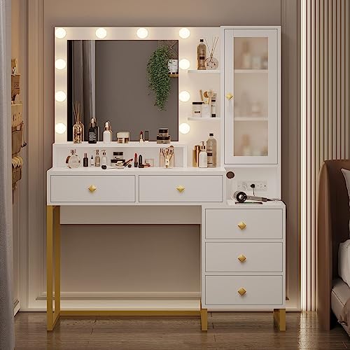Tiptiper Large Makeup Vanity with Lights and Charging Station, White