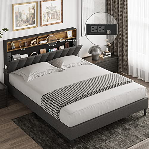 Tiptiper Full Size Bed Frame with Outlets and Storage Headboard