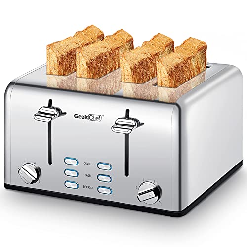 Geek Chef 4-Slice Stainless Steel Toaster with Wide Slots & 6 Shade Settings