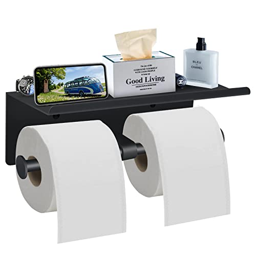 SmartHome Toilet Paper Holder with Shelf, Black Anti-rust Aluminum Tissue Roll Holder with Mobile Phone Storage Shelf for Bathroom, 3M Self Adhesive