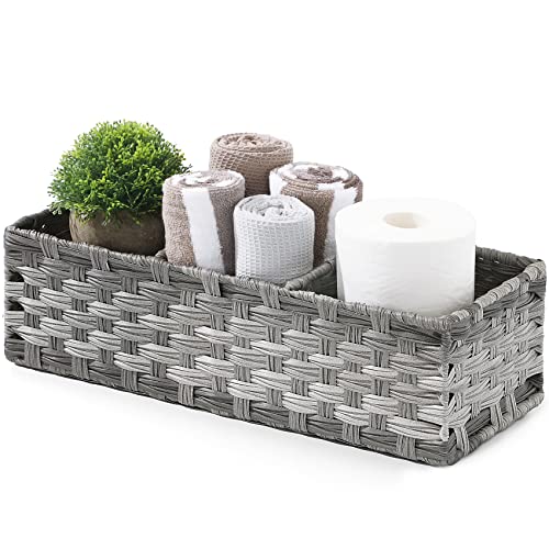 Handwoven Plastic Wicker Toilet Tank Topper Basket in Grey