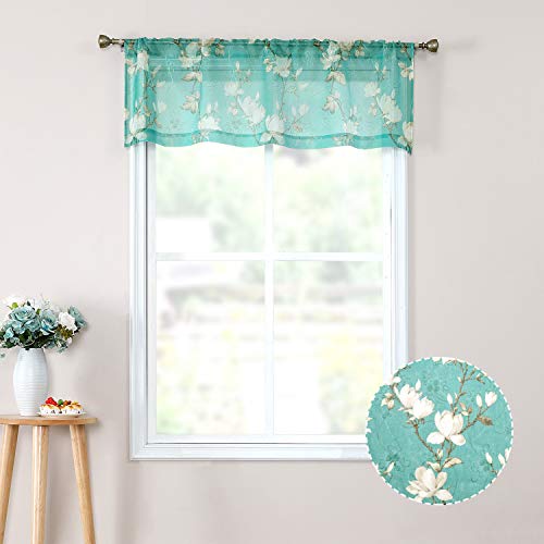 Tollpiz Floral Turquoise Sheer Valance - 54 x 16 inches, Set of 1 Panel