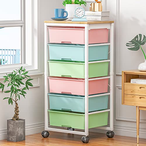 TOOLF 6-Drawer Rolling Storage Cart with Wooden Tabletop