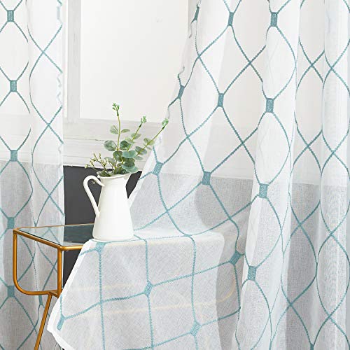 Top Finel White Sheer Curtains 84 Inches Long Teal Embroidered Diamond Grommet Window Curtains For Living Room Bedroom 2 Panels 51VdsE0DL 
