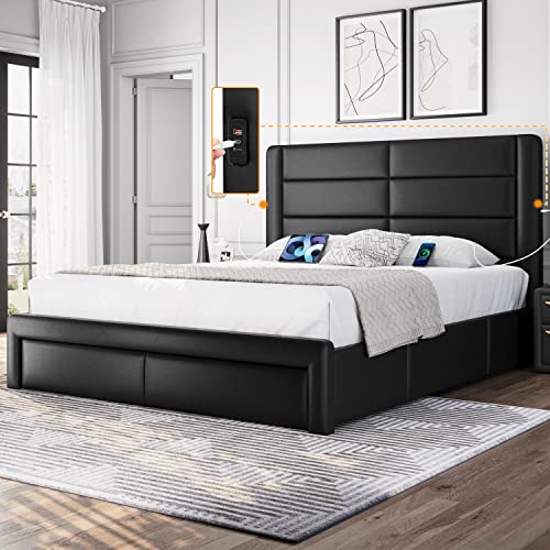 Queen Bed Frame with Storage Drawers, USB Ports & Leather Headboard