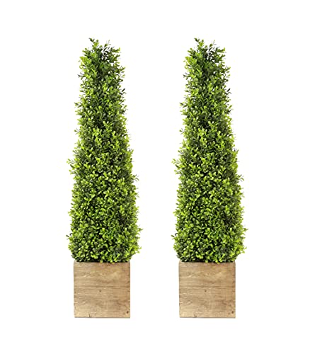 Season's Need Topiary Tower Set - 2 Faux Boxwood Trees in Wood Pot