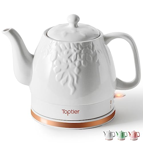 TopTier Electric Ceramic Tea Kettle, 1 L, White Leaf
