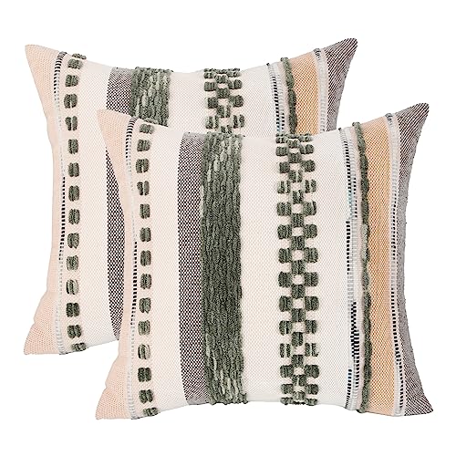 Boho Dark Green Striped 18x18 Inch Throw Pillow Cover Set