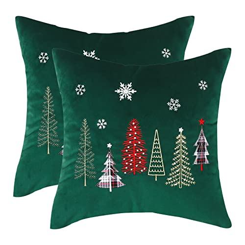 Tosleo Christmas Pillow Covers 18x18 inch Set of 2 Christmas Decoration Forest Green Christmas Tree Embroideried Cushion Pillow Cover Square Pillowcase for Christmas Party Bed Sofa Car