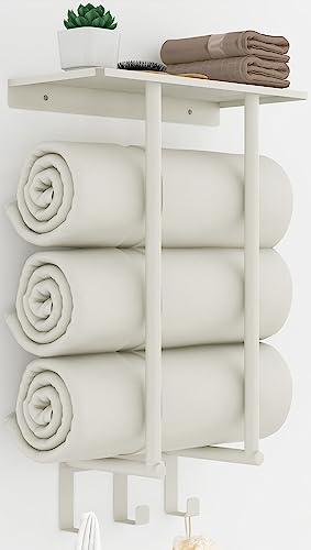 Towel Racks with Shelf & 3 Hooks, BETHOM Towel Holders for Bathroom Wall Mounted, Bathroom Metal Towel Storage Rack Wall Can Hold 3 Large Rolled Bath Sheets Towels, White