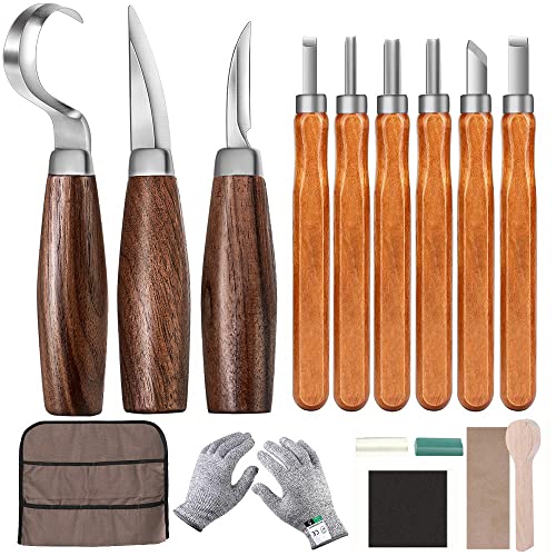POLIWELL Wood Carving Kit 22pcs Wood Carving Tools Hand Carving Knife Set with Anti-Slip Cut-Resistant Gloves, Needle File Wood Spoon Carving Kit for