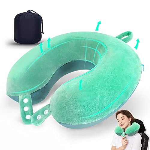 Travel Neck Pillow, Best Memory Foam Airplane Pillow for Head Support Soft Adjustable Pillow for Plane, Car & Home Recliner Use (Green)