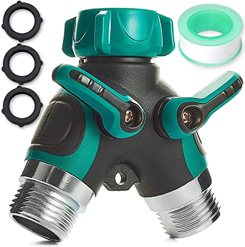 Trazon Water Splitter 2 Way, Garden Y Hose Connector Metal Body, Water Faucet Splitter with Comfortable Rubberized Grip, 2 Way Hose Splitter Heavy Duty for Outdoor and Indoor Use (Green)