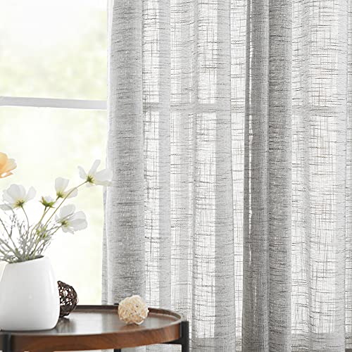 Rustic Linen Textured Sheer Grey Curtains for Living Room 84" Long, 2 Panels