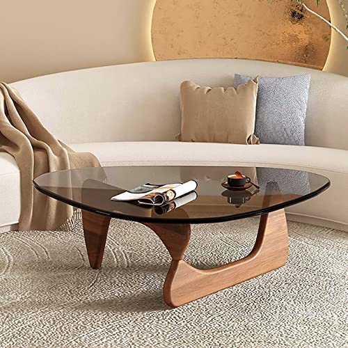 Mid-Century Glass Coffee Table, Oval Contemporary Wood Base