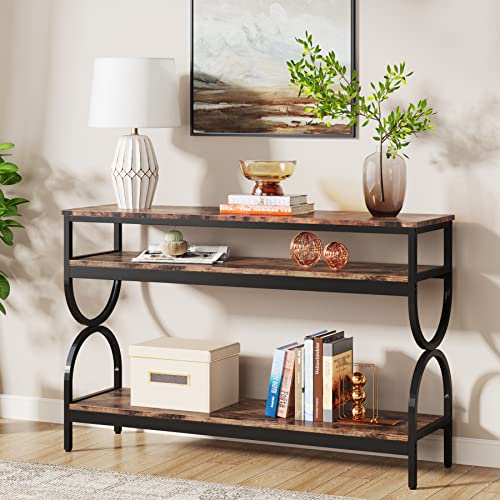 Rustic Brown 55-Inch Console Table with Open Storage Shelves