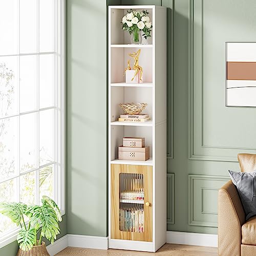 Furologee 5 Tier Bookshelf with Drawer, Tall Narrow Bookcase with