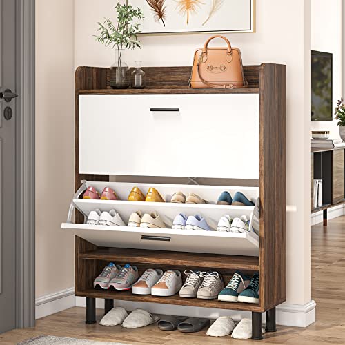 Hitow Large Shoe Cabinet with Wheels Wooden 2 Door Tall Shoe Storage Rack 7  Adjustable Shelves Cabinet for Office,Home,Garage White