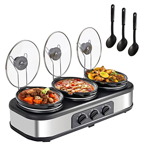 Triple Slow Cooker with Lid Rests, Breakfast Buffet Servers and Warmers  with 3 X 1.5Qt, Tempered glass lids & 3 Adjustable Temp, Dishwasher Safe
