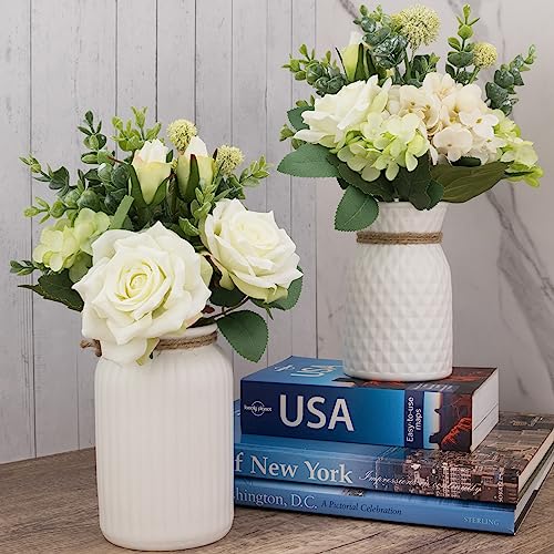 Silk Rose Hydrangea and Eucalyptus Floral Arrangement with Ceramic Vases