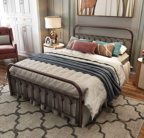 Queen Size Metal Bed Frame with Vintage Headboard and Footboard - Antique Brown