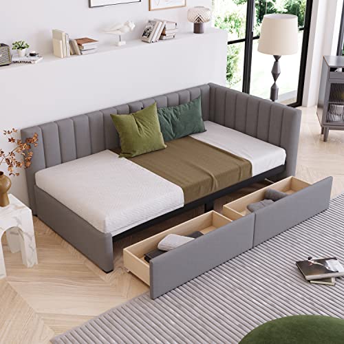 Bellemave Gray Upholstered Daybed with Storage Drawers & Tufted Headboard