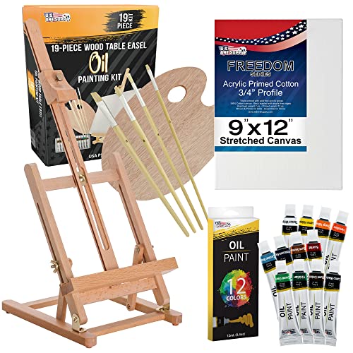 U.S. Art Supply 19-Piece Artist Oil Painting Set with Wooden H-Frame Studio Easel, 12 Vivid Oil Paint Colors, Stretched Canvas, 4 Brushes, Wood Palette - Kids, School, Students, Adults, Starter Kit
