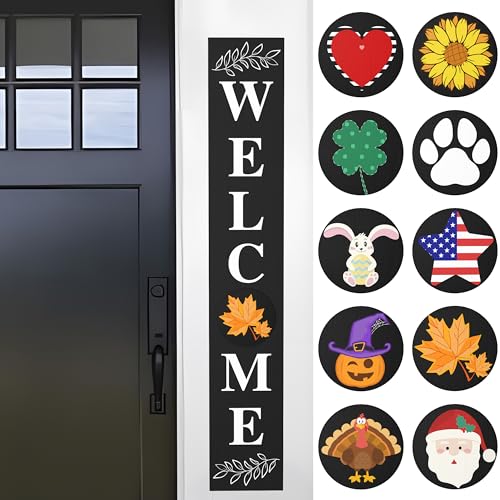 UBTKEY Welcome Sign for Front Porch Standing, Black Wooden Outdoor Welcome Sign Front Porch Decor with 10 Interchangeable Holiday Icons for Farmhouse Front Porch Seasonal Decor, 47 x 7.9 Inch