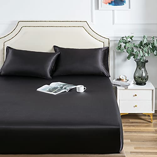 Ultra Soft Satin Fitted Sheet, Queen - Black