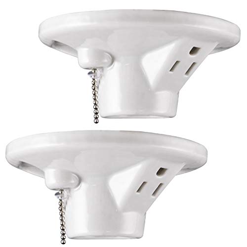 UltraPro Porcelain Lampholder with Outlet and Pull Chain, 2 Pack