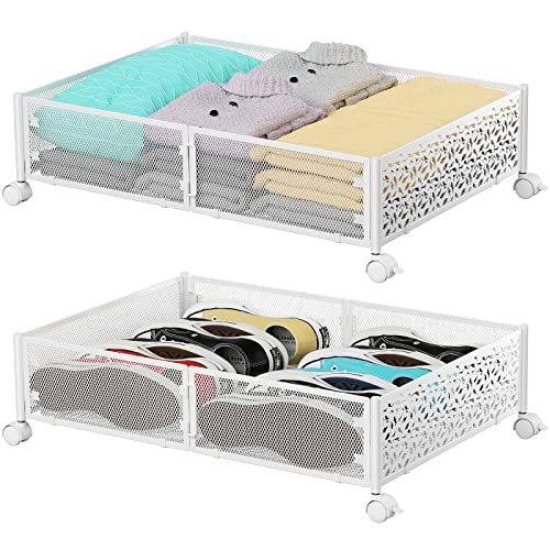 Under Bed Storage, Under the Bed Storage Containers with Wheels, Under Bed Shoe Storage Organizer Drawer, Tool-free Assembly Metal Underbed Storage Containers for Bedroom Clothes Shoes Blankets -2PCK