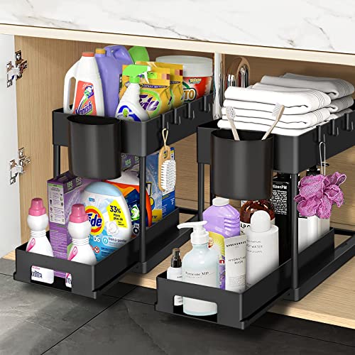Under Sink Organizers with Sliding Drawers Basket and Hooks