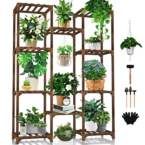 Uneedem 10-Tier Tall Wooden Plant Stand for Indoor/Outdoor Use