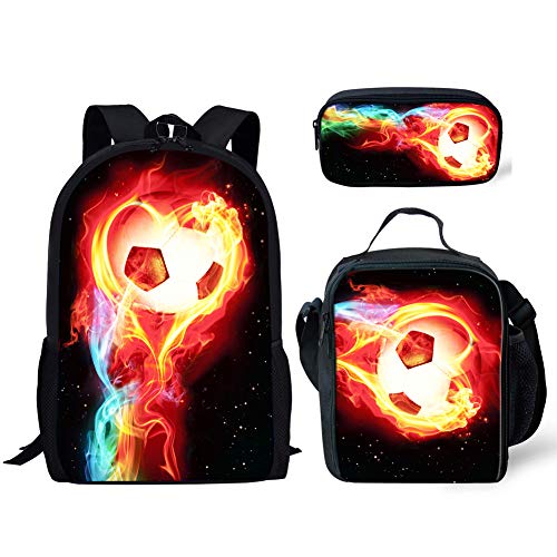 UNICEU 3D Fire Soccer Ball Printing 3 Piece Backpack Sets School Book Bag With Lunch Box Pencil Case 3 in 1