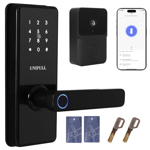 UNIFULL Smart Lock, Fingerprint Door Lock, Keyless Entry Door Lock with Doorbell Camera, Wi-Fi, APP Remote Control, Fingerprint, IC Fob, Passcode, Keypad, Biometric Smart Locks for Front Door