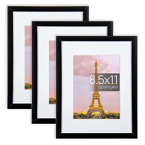 upsimples 8.5x11 Picture Photo Frame Set of 3, Made of High Definition Glass for 6x8 with Mat, Wall Mounting, Black